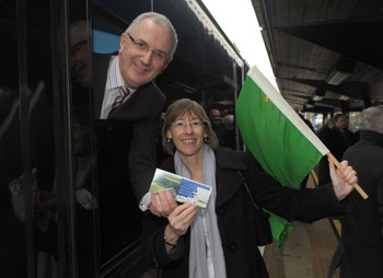 Minister for Regional Development Danny Kennedy MLA and Translink Group Chief Executive Catherine Mason officially re-open the railway line between Derry~Londonderry and Coleraine. 