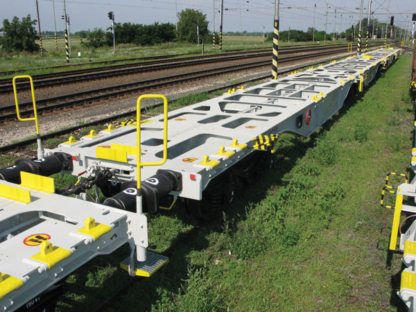 Sggmrss wagons designed for containers and swap bodies transportation. Flat articulated freight wagon Sggmrss 90 is designed to transport bulk 20, 30, 40, 45 foot containers and swap bodies