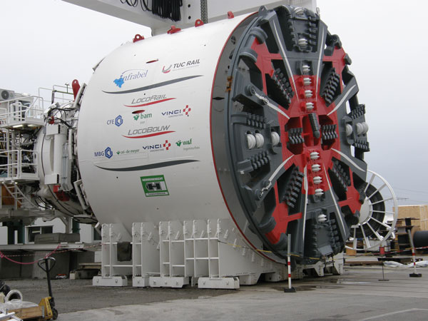 A 102m-long tunnel boring machine (shown here during tests at the Herrenknecht company in Germany) drills one of the 6km-long rail shafts at 40m under the Scheldt