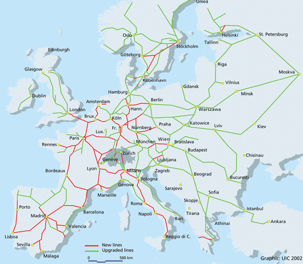 Figure 1: The European high-speed rail network in 2020