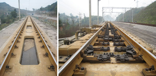 Figure 2: Installation of prefabricated frame slabs (left) and turnout (right) on earth work {3}