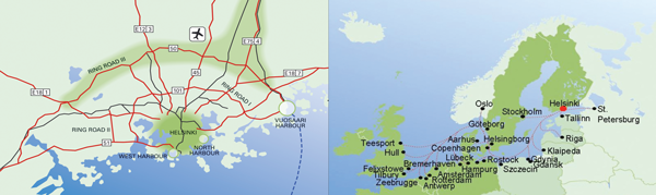Location of the Vuosaari Harbour and main cargo routes map