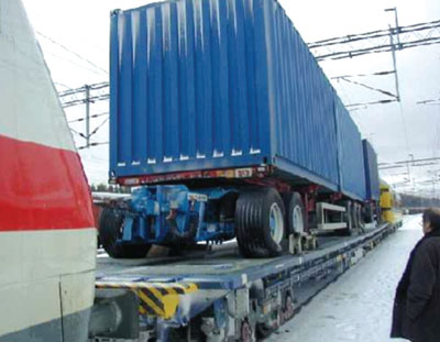 Figure 6: Combined transport car with a 25t axel load at 100km/h, designed for 4.2 metre high lorries Figure 6: Combined transport car with a 25t axel load at 100km/h, designed for 4.2 metre high lorries