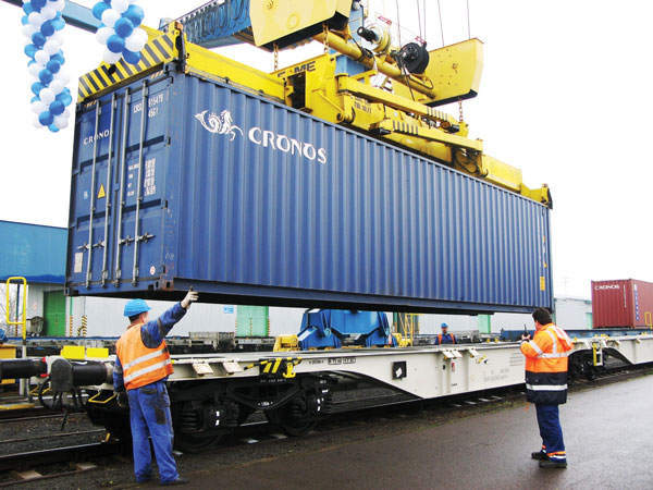Wagon Sggmrss during reloading of Corean containers in intermodal terminal in Dobra