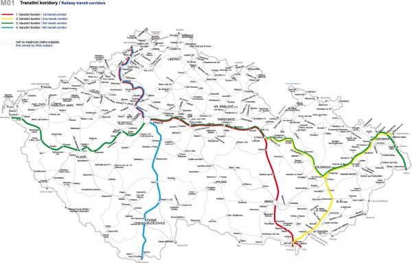 Figure 1 Map of Railway Transit Corridors (TŽK). 1. TŽK: Germany – Děčín, Prague, Česká Třebová, Brno, Břeclav – Austria (E 55, E 40, E 61) 2. TŽK: Austria – Břeclav, Přerov, Ostrava, Petrovice u Karviné – Poland (E 65) with the branch line Česká Třebová-Přerov (E 40) 3. TŽK: Slovakia – Mosty u Jablunkova, Dětmarovice, Přerov, Česká Třebová, Prague, Pilsen, Cheb – Germany (E 40) 4. TŽK: Germany – Děčín, Prague, Veselí nad Lužnicí, České Budějovice, Horní Dvořiště – Austria (E 55)