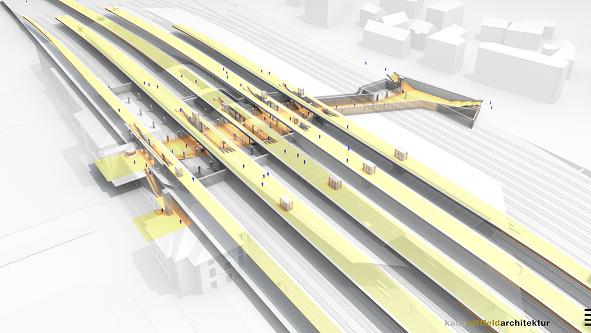 The new railway station passage not only optimally connects the platforms but also creates a new connection between the two districts Schallmoos and Elisabeth-Vorstadt. Copyright: ÖBB / kadawittfeldarchitektur