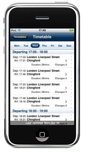 The timetable format on thetrainline.com’s iPhone application