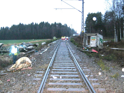 Figure 7: The worst of the accidents observed by the Commission occured at an unprotected level crossing in Kalvia, where a pendaline train , at a speed of 140 km/h, colided with a lorry carrying livestock