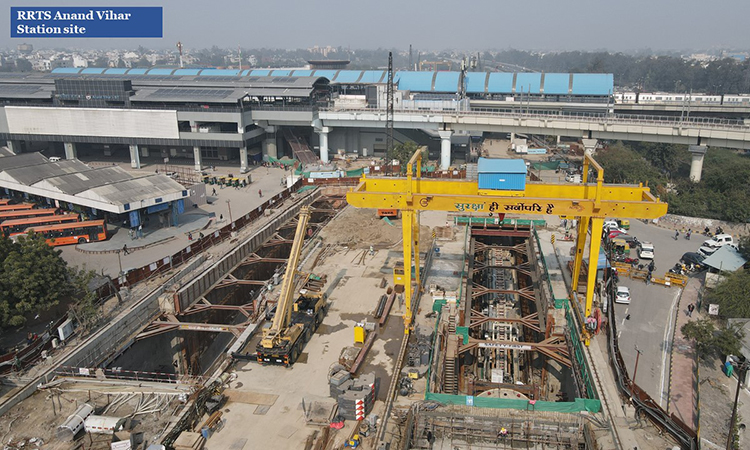 Construction work at the RRTS Anand Vihar station site.