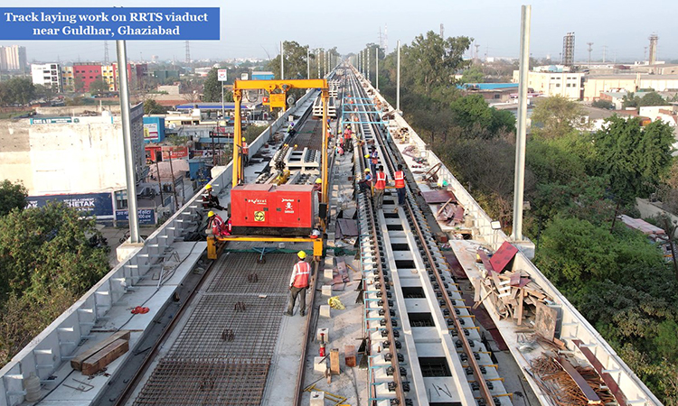 Track laying work on RRTS viaduct