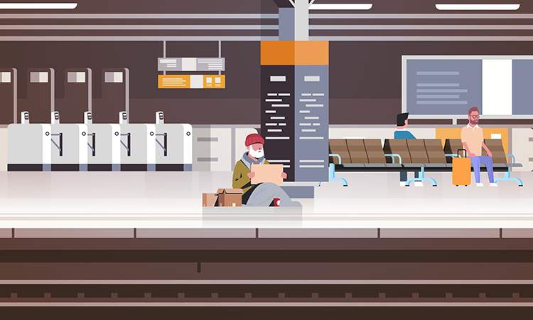 Illustration of homeless man sitting on the floor of the railway station