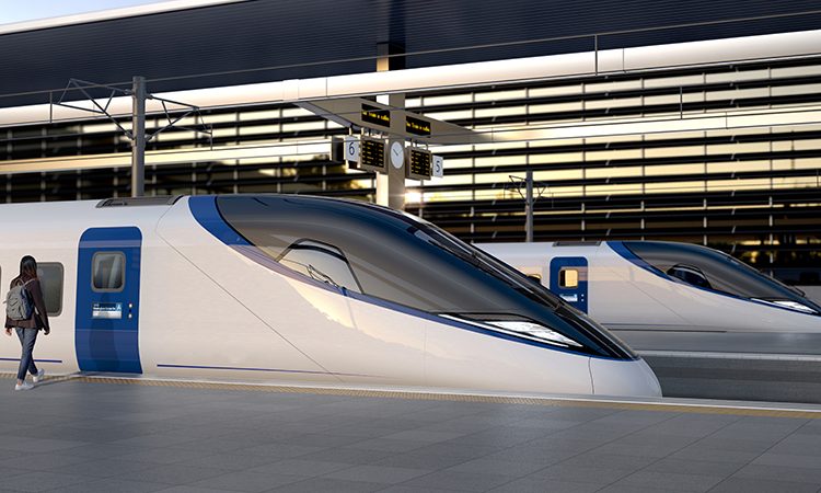 Artists impression of an HS2 train at a platform