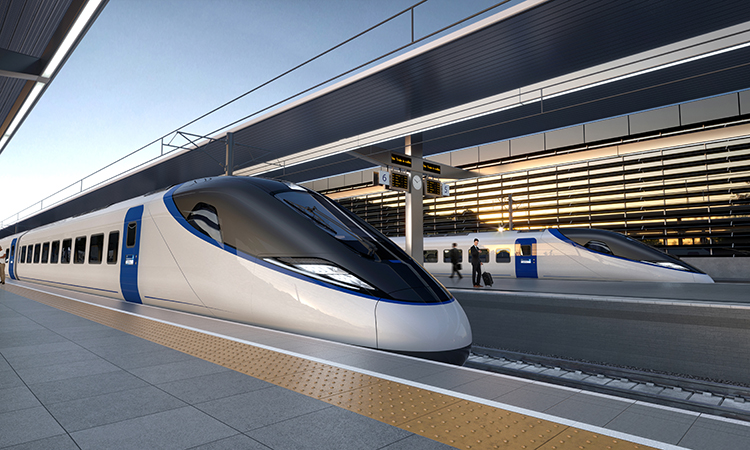 Artists impression of an HS2 train at a platform v2