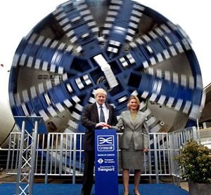 Major Boris Johnson and Justine Greening with the Crossrail boring machines