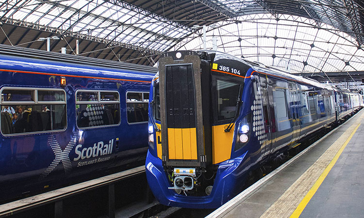 Class 385 Trains arriving at Queen Street Station.