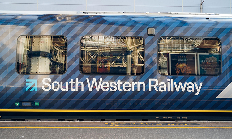 A SWR train waiting at a platform