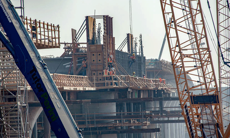 Girders set and a concrete archway in progress by the  San Joaquin River Viaduct.