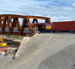 Trains passing over a bridge