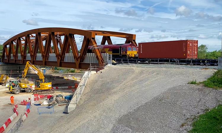 Trains passing over a bridge