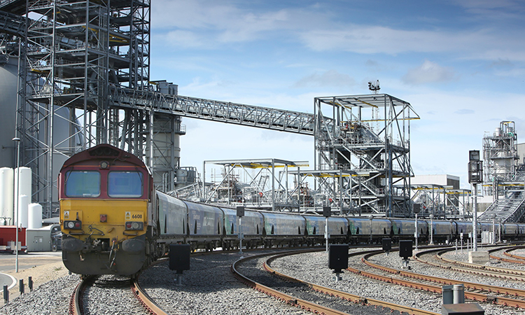 Freight train leaving Drax Power Station