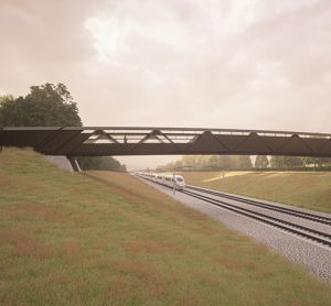 Computer generated image of an HS2 rural footbridge design from a distance