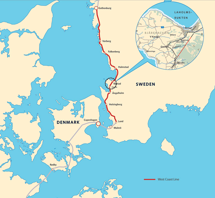 Map of the Hallandsås tunnel route