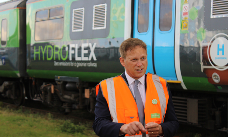 UK Transport Secretary Grant Shapps with the HydroFLEX hydrogen-powered train.