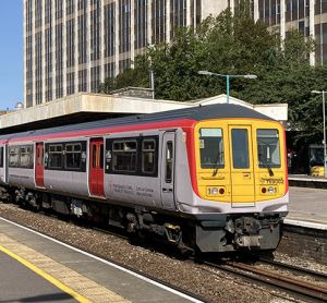 Transport for Wales train travelling through Cardiff.