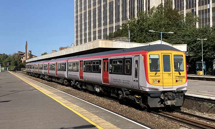 Transport for Wales train travelling through Cardiff.