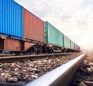 Image of freight train in India from a low perspective