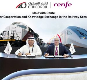 Shadi Malak, Chief Executive Officer of Etihad Rail, signs an MoU with Juan Matías Archilla, Senior Manager of International Business at Renfe