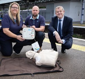 Southeastern team members Lisa Taylor, Laura McMahon, Sebastian Szymanski and Passenger Service Director David Wornham announce the roll out of defibrillators to every station on the Southeastern network