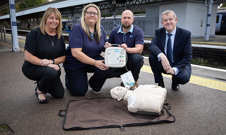 Southeastern team members Lisa Taylor, Laura McMahon, Sebastian Szymanski and Passenger Service Director David Wornham announce the roll out of defibrillators to every station on the Southeastern network