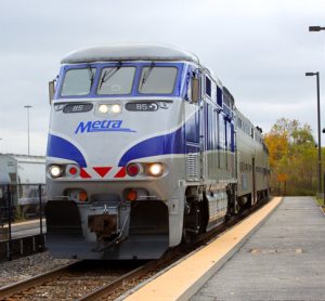 A Metra train at a station platform