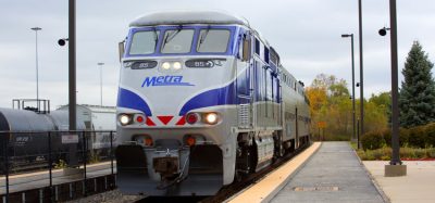 A Metra train at a station platform
