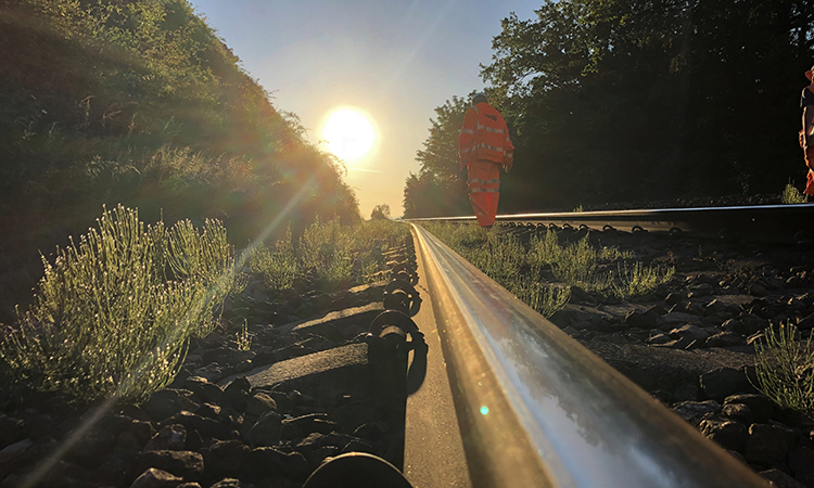 A close up track shot by Network Rail with the sun shining