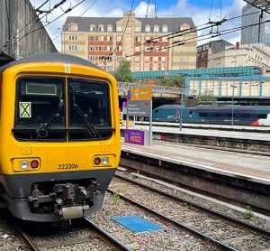 Train leaving Birmingham New Street with new signalling system.