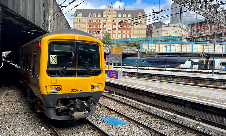 Train leaving Birmingham New Street with new signalling system.