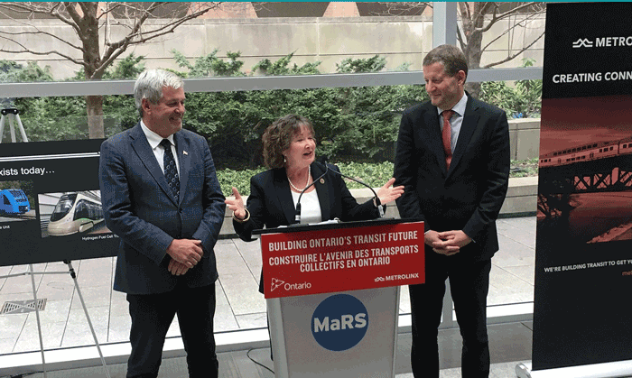 MPP Arthur Potts, Transportation Minister Kathryn McGarry, and Metrolinx CEO Phil Verster (from left to right)