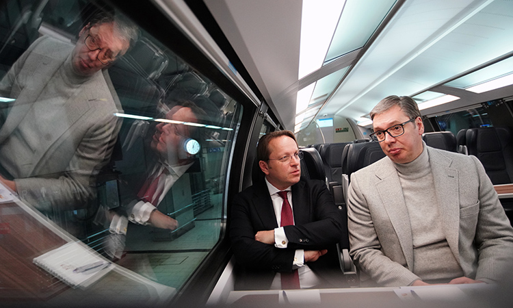 Aleksandar Vucic, Serbian President, on the right, and Oliver Varhelyi, in a train on the Rail Corridor X project Belgrade-Nis in Belgrade.