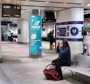 Photomontage of Pluvo air cleaning unit on Birmingham New Street platform