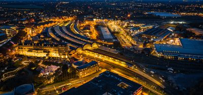 Train station lights at night