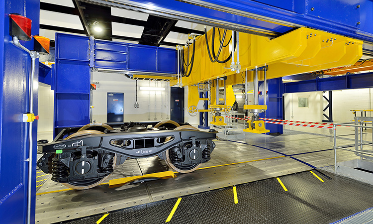 This images shows a train wheelset at the Institute of Railway Research at Huddersfield.