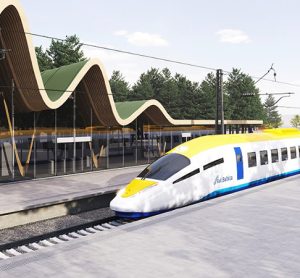 A concept image of a Rail Baltica train at a station