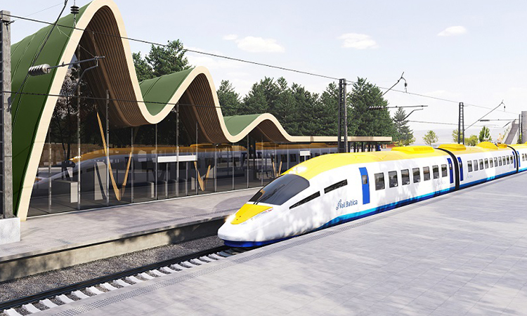 A concept image of a Rail Baltica train at a station
