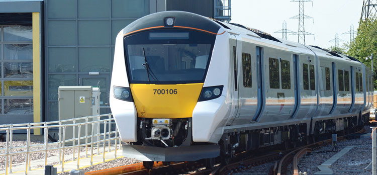 The Siemens-built Class 700 Desiro City in sidings at Three-Bridges depot, UK
