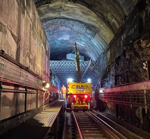 Track side view during 'dance floor' deck installation inside Liverpool High Neck tunnel
