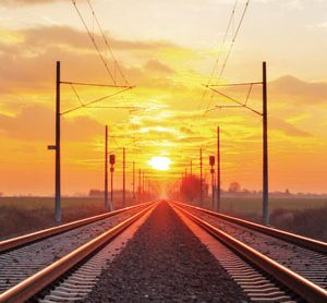Train tracks in sunset