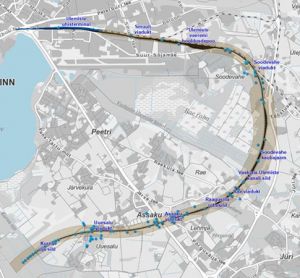 A map showing the the Ülemiste-Kangru section of Rail Baltica Estonia, which has been announced as meeting EIA requirements