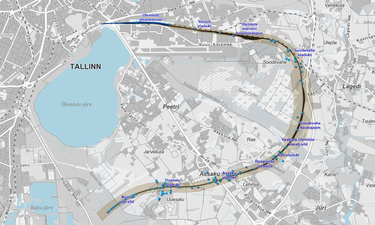 A map showing the the Ülemiste-Kangru section of Rail Baltica Estonia, which has been announced as meeting EIA requirements